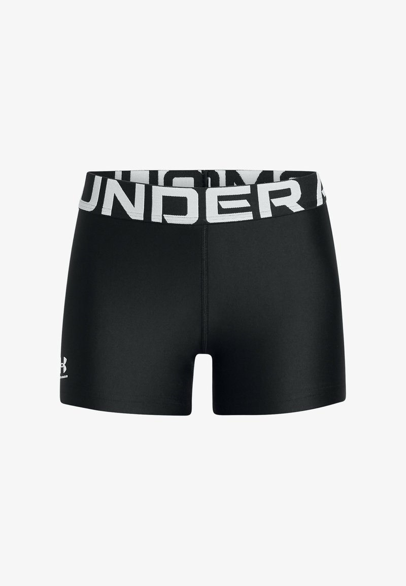 Pantalones cortos deportivos negros con una ancha cinturilla elástica que presenta el logo "UNDER ARMOUR" en texto blanco. Tejido suave, diseño ajustado.