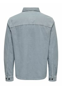 Camisa de denim azul claro con cuello doblado, mangas largas y puños abotonados. La parte trasera presenta un yugo plano y sin patrones visibles.