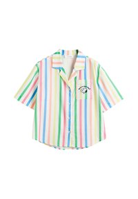 Camicia a maniche corte con strisce verticali multicolori in rosa, verde, blu e giallo; presenta una tasca sul petto con un design stampato.