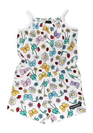 Romper bianco in cotone con motivi floreali e farfalle colorate, dotato di spalline regolabili e vita elastica. Include tasche laterali.