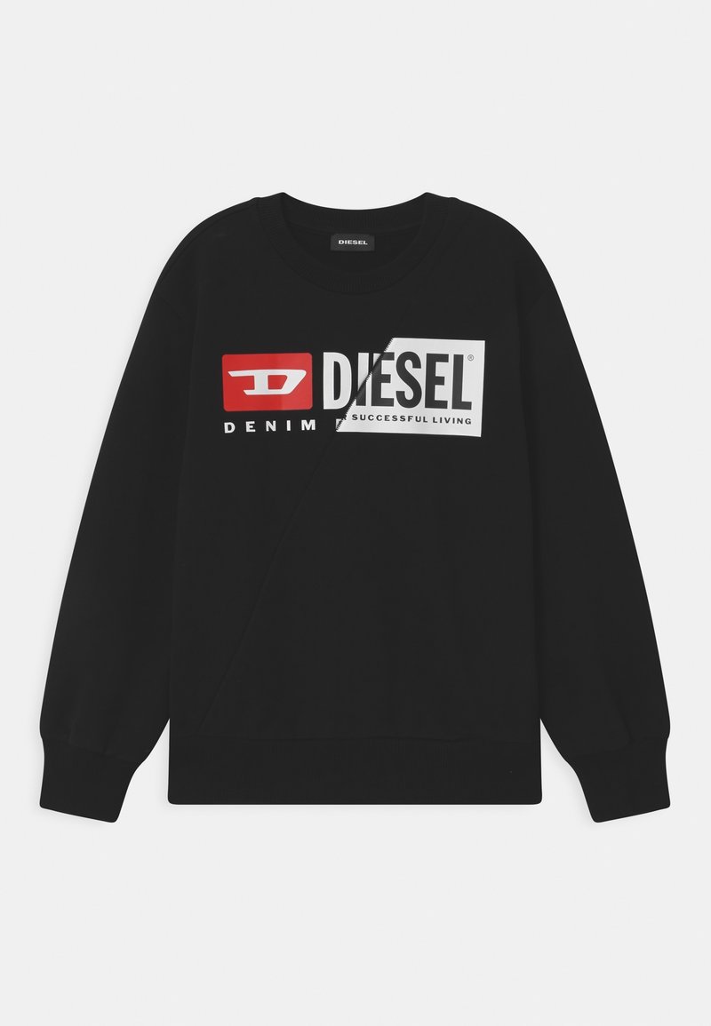 Sweatshirt noir à manches longues avec logo Diesel comprenant des blocs rouges et blancs et le texte "DENIM DIESEL SUCCESSFUL LIVING" sur la poitrine.
