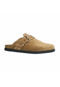 Suede slip-on sandal in tan with a rounded toe, a decorative buckle, and a textured outsole offering a flexible black base.