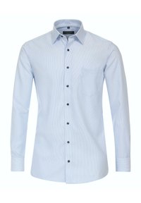 Helles blaues Langarmshirt mit kariertem Muster, Button-Down-Kragen, schwarzen Knöpfen und einer kleinen Brusttasche auf der linken Seite.