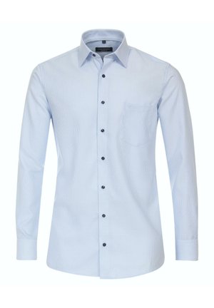 Helles blaues Langarmshirt mit kariertem Muster, Button-Down-Kragen, schwarzen Knöpfen und einer kleinen Brusttasche auf der linken Seite.