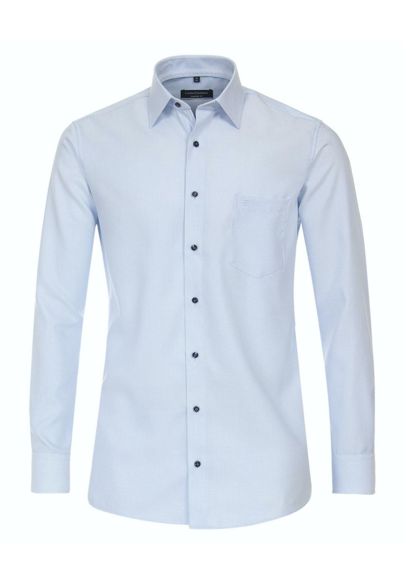 Helles blaues Langarmshirt mit kariertem Muster, Button-Down-Kragen, schwarzen Knöpfen und einer kleinen Brusttasche auf der linken Seite.