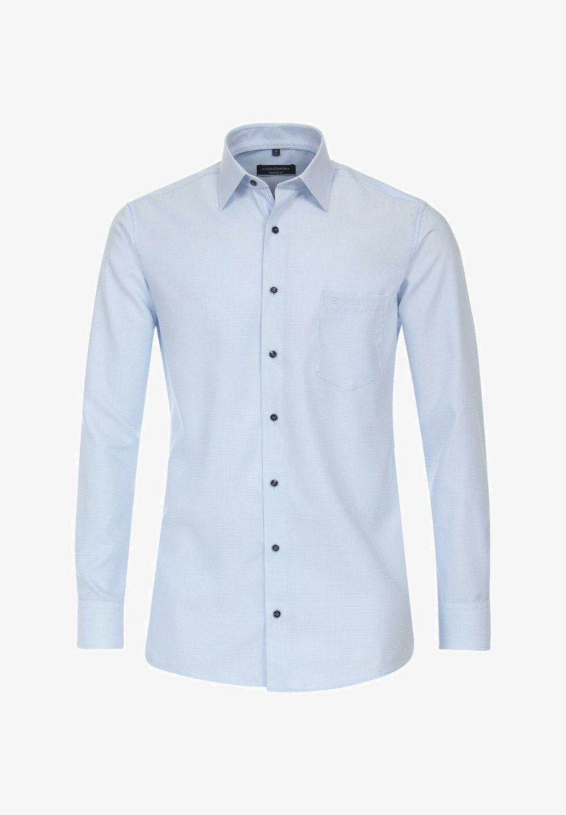 Helles blaues Langarmshirt mit kariertem Muster, Button-Down-Kragen, schwarzen Knöpfen und einer kleinen Brusttasche auf der linken Seite.