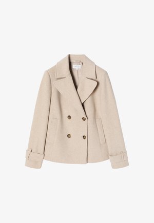 Beige Wollmischung Doppelreiher mit großen Knöpfen, Reverskragen, Seitentaschen und hochgekrempelten Ärmeln. Strukturierter Schnitt mit glatter Textur.