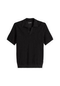 Polo noir à manches courtes, en tricot texturé, avec un design en V et une couleur unie. Il présente des poignets et un ourlet côtelés.