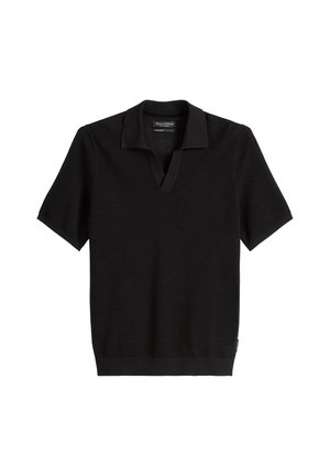 Black short-sleeve polo sweater with a textured knit, V-neck design, and solid color. Features ribbed cuffs and hem.