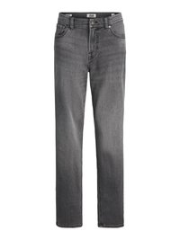 Dark gray denim jeans with a straight leg design, five-pocket styling, and a classic button fastening at the waist.