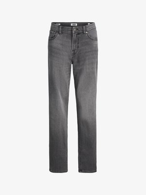 Ciemnoszare dżinsy z prostymi nogawkami, pięcioma kieszeniami i klasycznym zapięciem na guzik w talii.