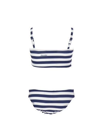 Navy og hvidstribet bikini sæt med bandeau-top med justerbare stropper og matchende bund med rynkede detaljer.