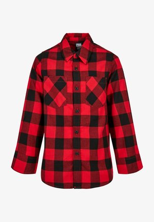 Chemise à manches longues à carreaux rouges et noirs, boutonnée, avec col et deux poches poitrine.