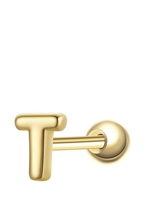 Pendiente de botón de metal color oro con una parte frontal en forma de letra capital "T" y un pasador trasero redondo.