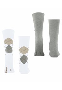 Zwei Paar knielange Socken: eine weiße mit einem Argyle-Muster in Grau und Beige, und eine einfarbige graue. Weiches Strickmaterial, glatte Textur.