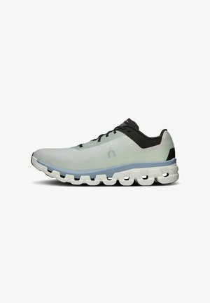 Lightweight running shoe in a gradient teal and black design. Textured upper, cushioned sole with visible white propulsion elements.