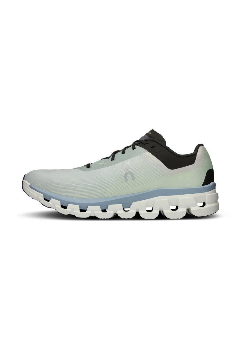 Leichte Laufsohle in einem abgestuften Teal- und Schwarzdesign. Texturiertes Obermaterial, gepolsterte Sohle mit sichtbaren weißen Antriebselementen.