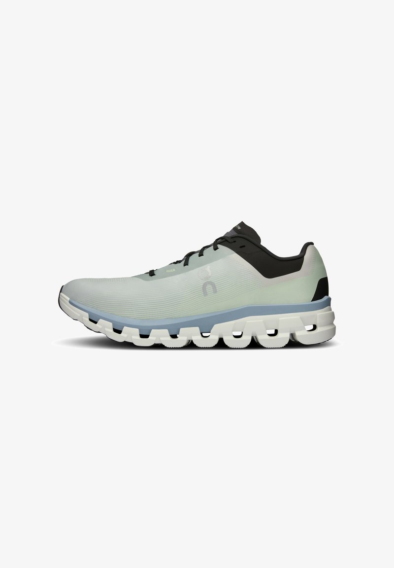 Leichte Laufsohle in einem abgestuften Teal- und Schwarzdesign. Texturiertes Obermaterial, gepolsterte Sohle mit sichtbaren weißen Antriebselementen.