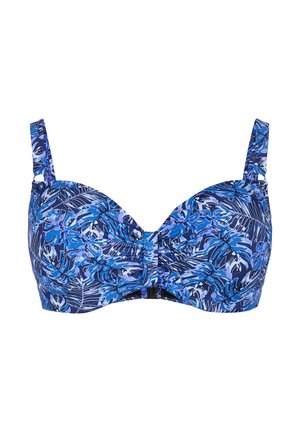 Blauw bloemenpatroon gewatteerde beha met verstelbare bandjes en haaksluiting. Kenmerkt zich door een textiele stof met verschillende tinten blauw.