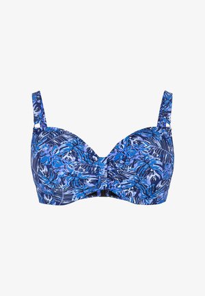 Niebieski biustonosz w kwiatowy wzór, wyściełany, z regulowanymi ramiączkami i zapięciem na haftkę. Charakteryzuje się teksturowanym materiałem w różnych odcieniach niebieskiego.