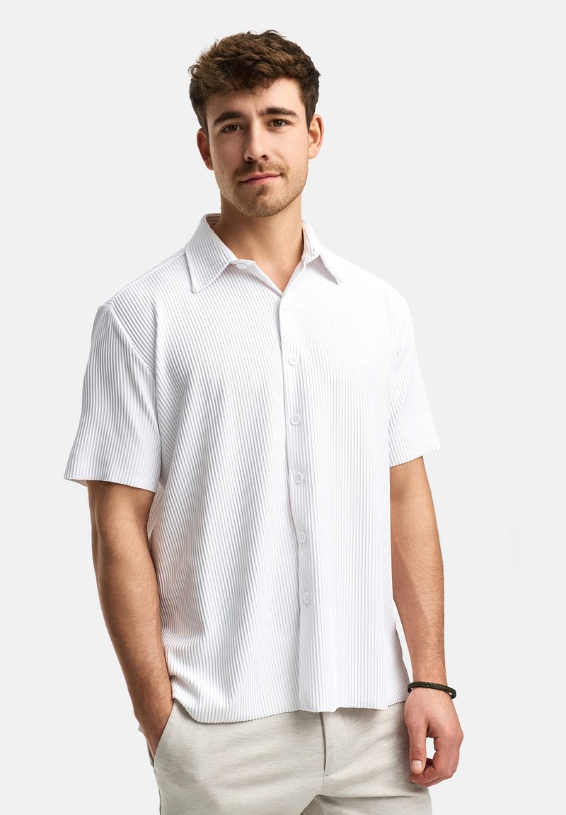 Korte mouwen witte knopsluiting blouse met smalle verticale strepen, een puntige kraag en een relaxte pasvorm. Zachte textuur en subtiele glans.