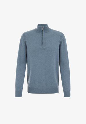 Blauwe katoenen trui met een halve ritssluiting, ribgebreide manchetten en zoom, lichte textuur en een gladde afwerking. Opvallend stikseldetail op de schouders.