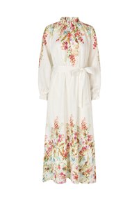 Langes weißes Kleid mit bunten Blumenmustern, einem gerafften hohen Kragen und einem stofflichen Gürtel in der Taille. Hergestellt aus leichtem Material.