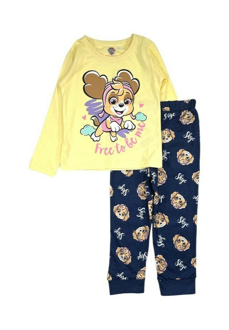 Chemise à manches longues jaune ornée d'un chien en dessin animé portant un bandeau rose et des cœurs. Pantalon navy avec un motif de chiens répétitif et le texte "Skye."