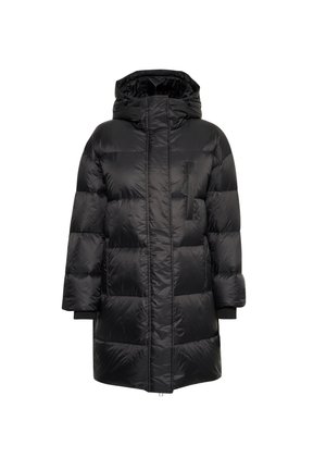 Manteau d'hiver noir à capuche, avec une fermeture éclair à l'avant, un design matelassé et une poche poitrine. Matériau doux, léger et isolant.