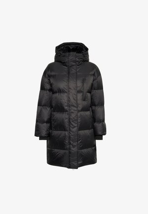 Zwarte pufferjas met capuchon, voorzien van een rits aan de voorkant, gewatteerd ontwerp en een borstzak. Zacht, lichtgewicht en geïsoleerd materiaal.