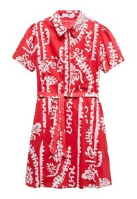 Abito rosso a maniche corte con motivi floreali bianchi, colletto, bottoni frontali e cintura coordinata. Tessuto leggero con consistenza liscia.