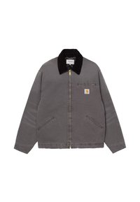 Gray zip-up jacket with black collar, two front pockets, chest zipper pocket, and Carhartt logo patch on chest.