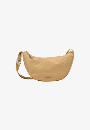 Beige schoudertas van glad materiaal, met een gebogen vorm, verstelbare schouderriem en een ritssluiting. Logo in reliëf aan de voorkant.