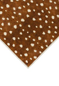 Brūns šalle ar rakstu, kurā ir balti punkti, ar mīkstu tekstūru un bēša apmalēm. Zīmola etiķete redzama stūrī.