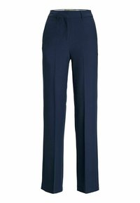 Marinblå byxor av ett slätt tyg med rak skärning, framfickor och linning med bälteshällor.