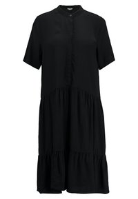 Vestido preto de mangas curtas com gola henley abotoada, apresentando uma saia em camadas e um tecido suave e leve.