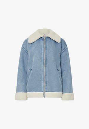 Jasnoniebieska dżinsowa kurtka z kołnierzem i mankietami z sztucznego owczej wełny. Posiada zamek błyskawiczny z przodu oraz boczne kieszenie. Miękka tekstura, casualowy styl.