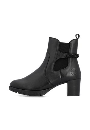 Black leather ankle boot with block heel, elastic side panels, braided detail, and pull tab at the back, showing brand logo on heel area.