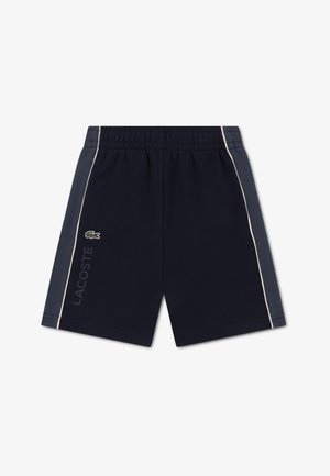 Tengerészkék rövidnadrág elasztikus derékpánttal, kontrasztos szürke oldalsó betétekkel és fehér szegéllyel. Zöld és fehér Lacoste logóval ellátva.
