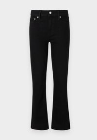 Μαύρα τζιν παντελόνια με φαρδιά καμπάνα, εφαρμοστή μέση, πέντε τσέπες και ασημί λεπτομέρειες, με λεία υφή και κανονικό μήκος.