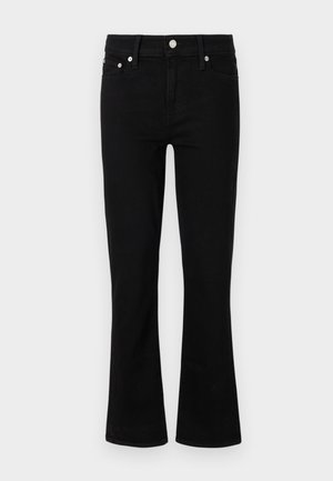 Svart denim buede bukser med tettsittende liv, fem-lomme design og sølvfargede detaljer, med en glatt tekstur og standardlengde.
