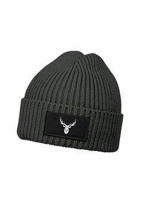 Dark gray ribbed knit beanie with folded cuff featuring a black patch with a white geometric deer head logo.