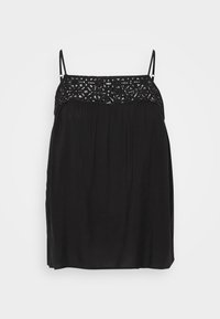 Top sans manches noir avec des détails en dentelle au niveau du col, silhouette fluide et plis subtils sous la poitrine. Texture de tissu lisse.