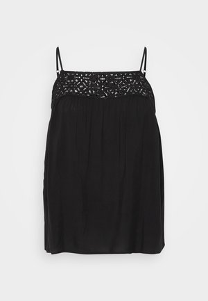 Čierny bezrukávový top s čipkovými detailmi na výstrihu, splývavý strih a jemné skladanie pod prsiami. Hladká textúra látky.