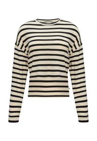 Langärmliges Oberteil in Creme mit schwarzen horizontalen Streifen. Hat einen runden Ausschnitt und eine lässige Passform, hergestellt aus weichem Baumwollmaterial.