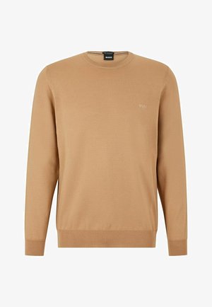 Beige genser laget av myk stoff, med rund hals, lange ermer, ribbede mansjetter og hem, samt en liten logo på brystet.