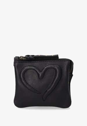 Black leather wallet featuring a raised heart design, zip closure, and stitch detailing. Compact shape with a textured finish.