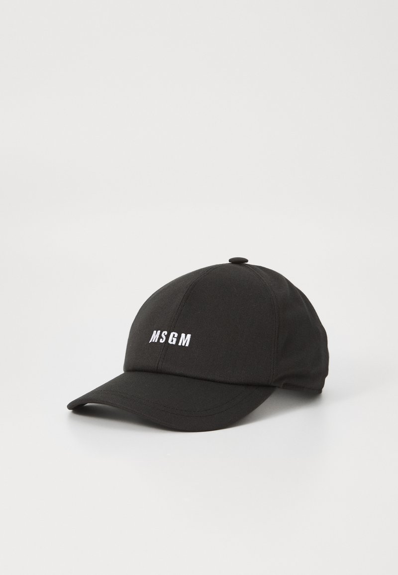 Black baseball cap made of cotton, featuring white embroidered "MSGM" logo on the front, curved visor, and six-panel design.