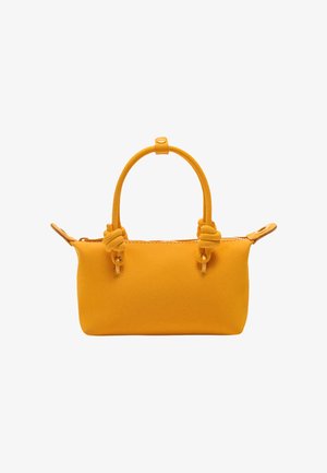 Żółta torebka o gładkiej fakturze, z prostokątnym kształtem, dwoma uchwytami z supłami oraz zamkiem błyskawicznym.