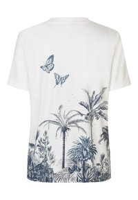 Hvid bomulds t-shirt med blå botaniske og sommerfugleprint på bagsiden, korte ærmer og rund halsudskæring.